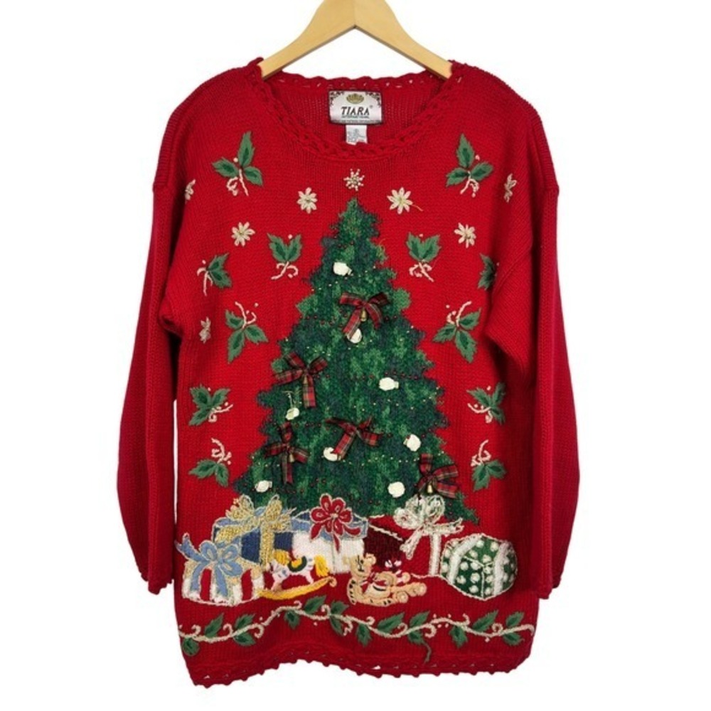 Tiara International Red‎ Christmas Tree Sweater Womens Size S Ugly Sweater